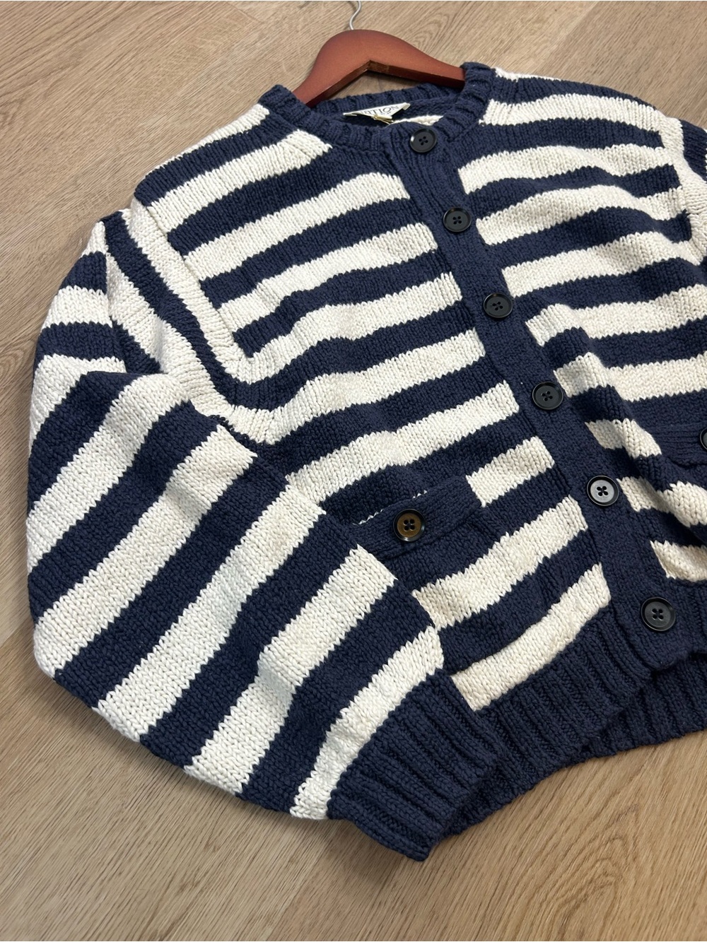 NWT Nation LA 100% Cotton Chunky Knit Navy Striped Button Down Cardigan Sweater